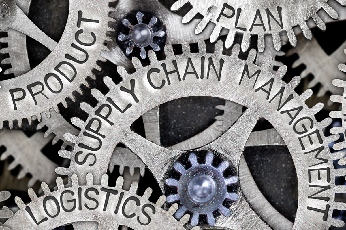 Metal Wheel Concept Macro photo of tooth wheel mechanism with SUPPLY CHAIN MANAGEMENT, PRODUCT, LOGISTICS, SYSTEM, PROFIT, PLAN and NETWORK words imprinted on metal surface