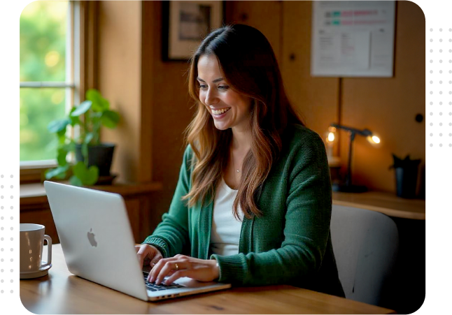 hero-images Smiling woman working on laptop in cozy home office with natural light and green plants