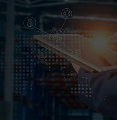 Businessperson using tablet in warehouse with digital icons overlay, symbolizing supply chain automation and smart logistics.