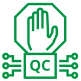 Green line icon with raised hand and QC label, representing FDA compliance and digital quality control in manufacturing or food safety.