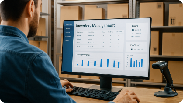 inventory-management-dashboard-warehouse-analytics Warehouse employee analyzing inventory management dashboard with product tracking, orders, and pick ticket analytics.