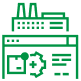 Green line icon showing factory and digital dashboard, representing smart manufacturing and industrial process automation systems.