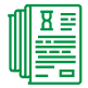 Green line icon of stacked documents with product details, representing digital product data and document management systems.
