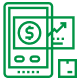 Green line icon showing mobile device with dollar sign, growth chart, and package, representing mobile sales and inventory tracking.