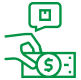 Green line icon of hand holding money with supply chain symbol, representing automated payments in supply chain management.