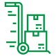 Green line icon of boxes on hand truck with checklist, representing warehouse inventory logistics and product tracking systems.